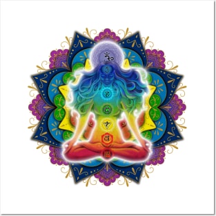 Mandala woman meditating chakras Posters and Art